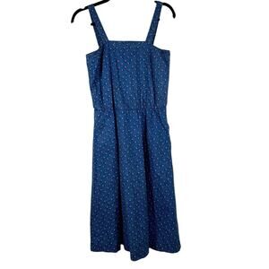 Vintage 1950s Blue Ditsy Floral Cotton Day Dress Pockets Fit & Flare Full Skirt
